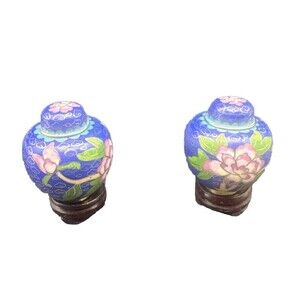VTG Petite Painted Enamel Floral Cloisonné Ginger Jars Urns w/ Lids & Stands-2